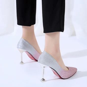 

Ins Girls High-heeled Shoes Fashion Women Wedding Shoes Wild Pointed Toe Shallow Mouth Silver Sequins Thin Heels Shoes