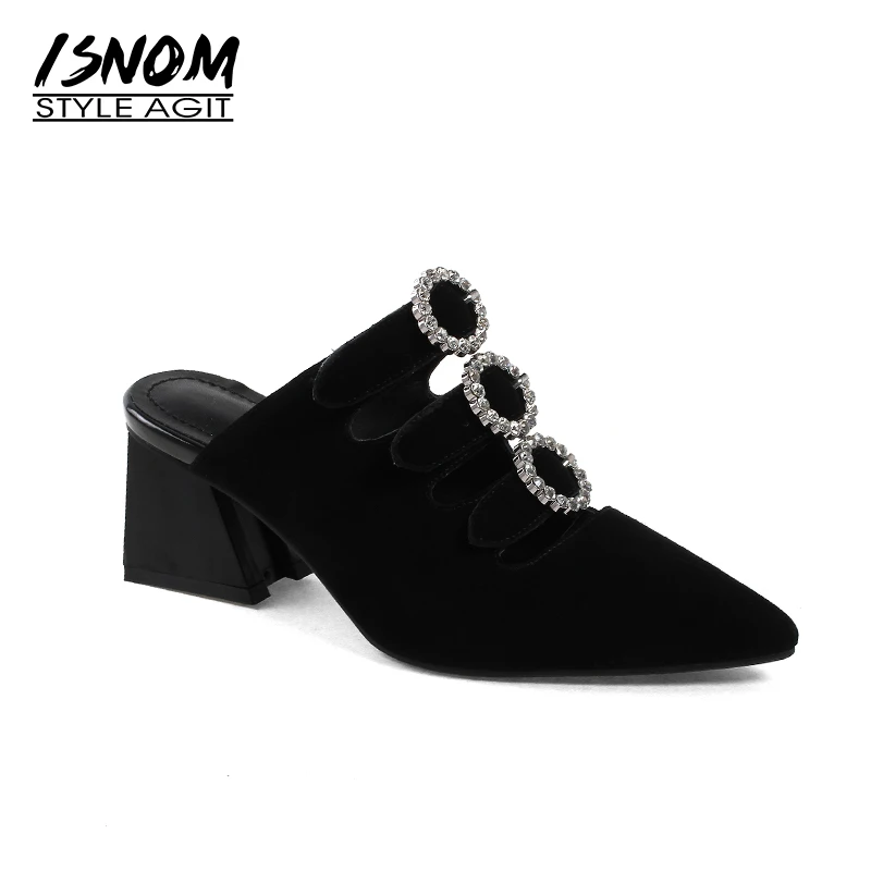 

ISNOM High Heels Women Slippers Kid Suede Crystal Strange Style Slides Pointed Toe Footwear 2018 Summer Sexy Female Mules Shoes