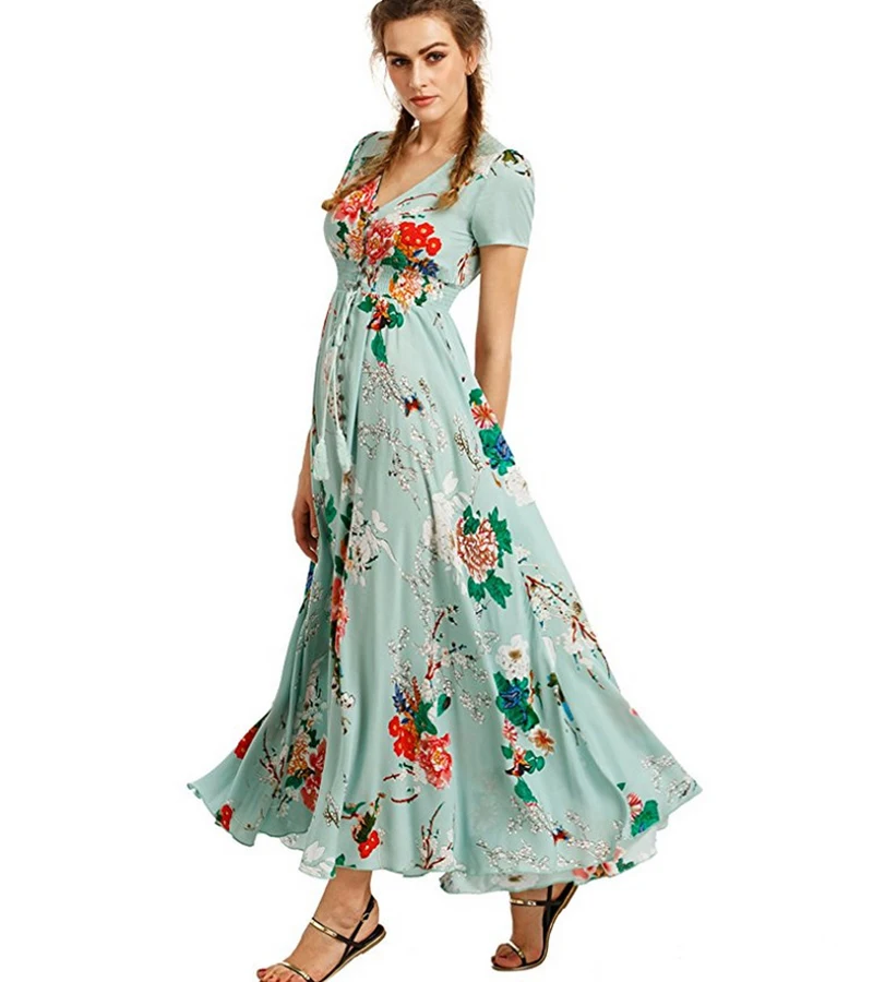 2019 sexy women long maxi dress new v-neck short sleeve floral print loose summer women dress fashion casual party dresses (1)