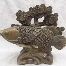 " Китай Китайский Бронзовый Медный YuanBao Жуй Богатство Фа Цай Дерево Монета Статуя Рыбы