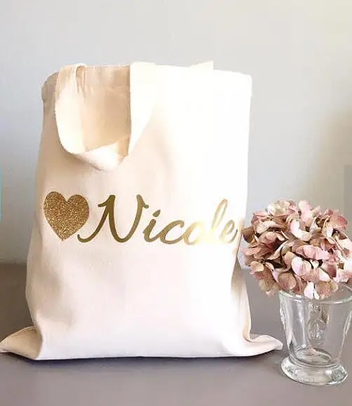 Set Of 6 Glitter Heart Tote Bags Personalized Bridesmaid Names