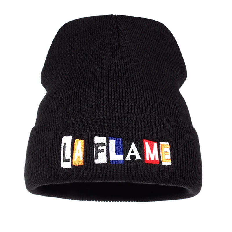 

TUNICA 2017 new black LAFLAME embroidery hat woman Skullies solid color woman Douban hip hop hat Beanies warm knit hat