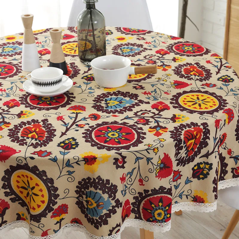  Bohemian national wind round lace tablecloth Cotton Printed Hotel Decorative Table Cloth sunflower 