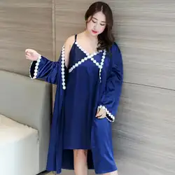 Плюс Размеры женская ночная сорочка и халат Установить атласная 2 шт. пижамы сексуальное Twinset халат костюм Цветочный кимоно Ванна платье