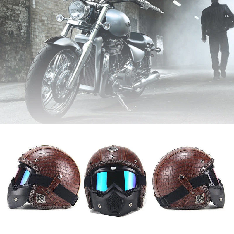 Brown Motorcycle Helmets 3/4 Open Helmet PU Leather + Goggle Mask Vintage Style XLL