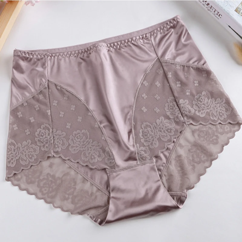 Новинка, трусики размера плюс с высокой талией, женское нижнее белье, сексуальные прозрачные кружевные атласные трусы большого размера, женские трусики - Цвет: Light Purple