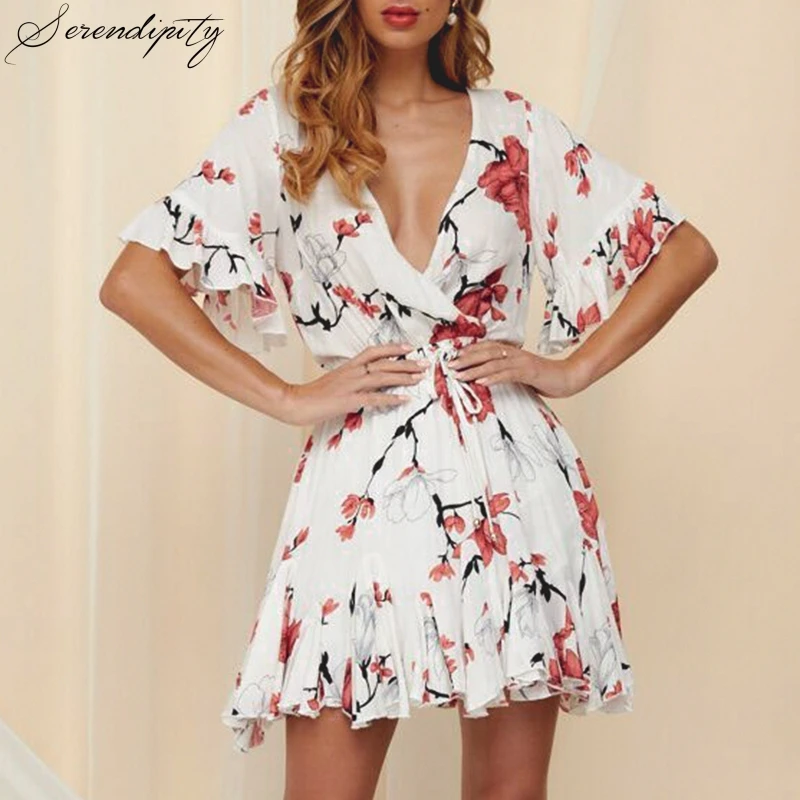 

SRDP Floral Print Bohemian Beach 2019 Summer Dress Women Mini Sexy Party Female Dress Ruffle Elegant Feminino Dress Vestidos