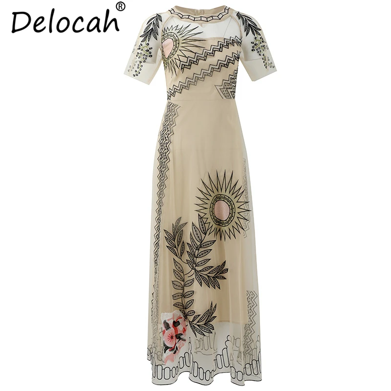 Delocah Новое Женское летнее платье для подиума модное с коротким рукавом Цветочная вышивальная Сетка Наложение Элегантное повседневное праздничное длинное платье