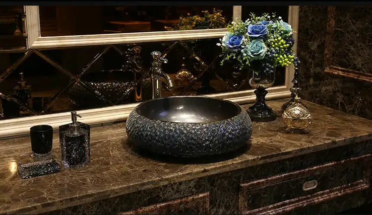 Художественной Ручной работы синий выгравированы столешницы круглый lavobo Керамика Ванная комната раковина