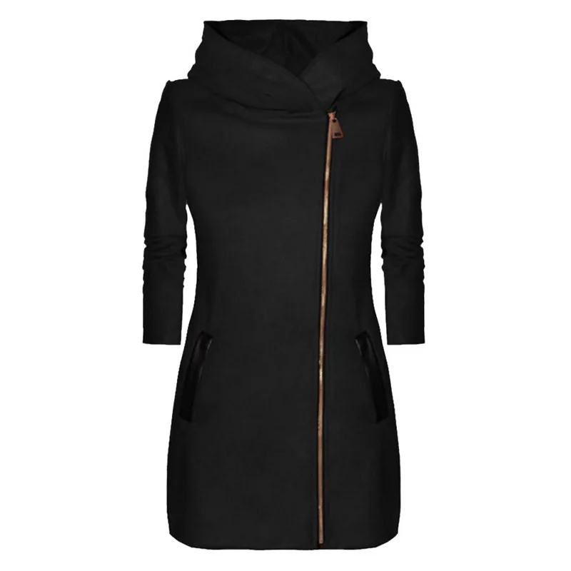 Лидер продаж, повседневное женское пальто, куртка с капюшоном и карманами на молнии сбоку, куртка с длинными рукавами для осени и зимы, высокое качество, одноцветная - Цвет: Black