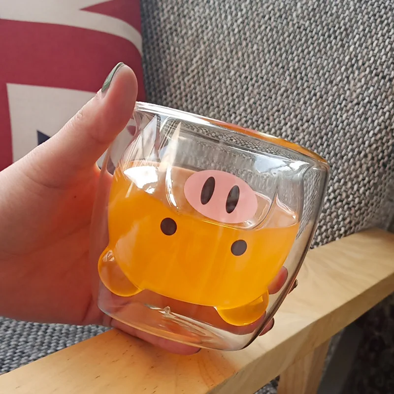 

Bear Glass Cup Double-Layer Innovative Borosilicate Glass Panda Transparent Wine Coffee Cup Cute Cat Pudding Cup