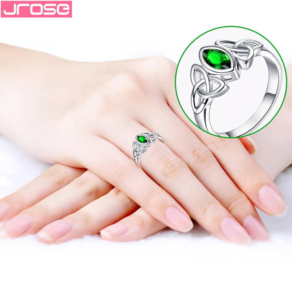 JROSE Engagement Party Green Cubic Zircon Celtic Knot Jewelry White Gold Color Ring Size 6 7 8 9 10 Anniversary Gifts For Lovers