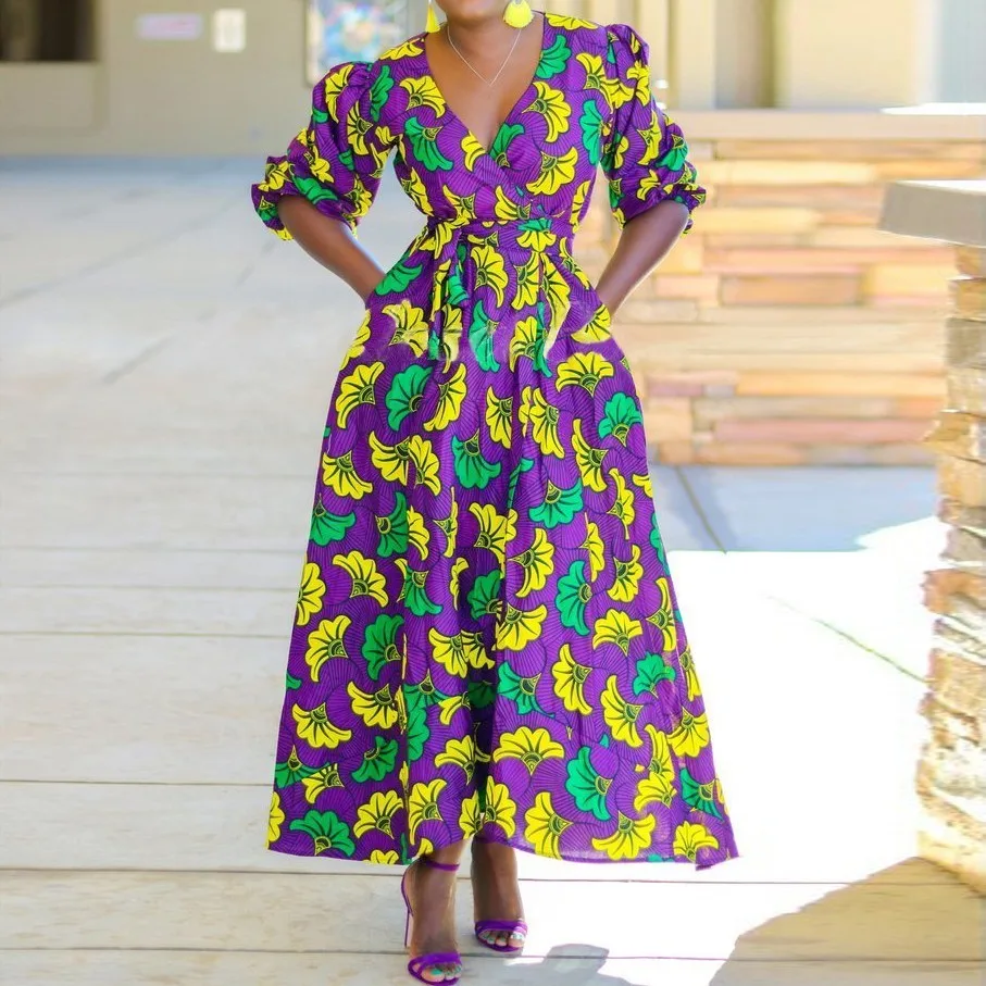 Africa Dashiki Long Dress for Women Floral Printing Indie Folk Dresses V-Neck Puff Half Sleeve A-Line Long Dresses With Sashes