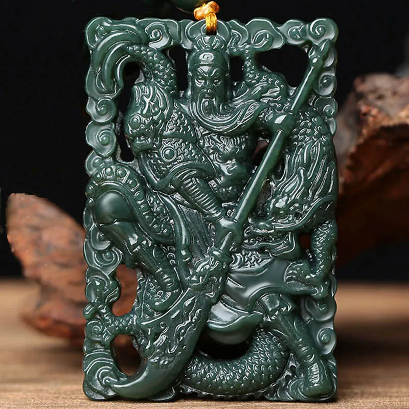 

Drop Shipping XinJiang HeTian Qing Jade Pendant Lucky Amulet Hollow Carved GuanYu Necklace With Chain For Men And Women Gift