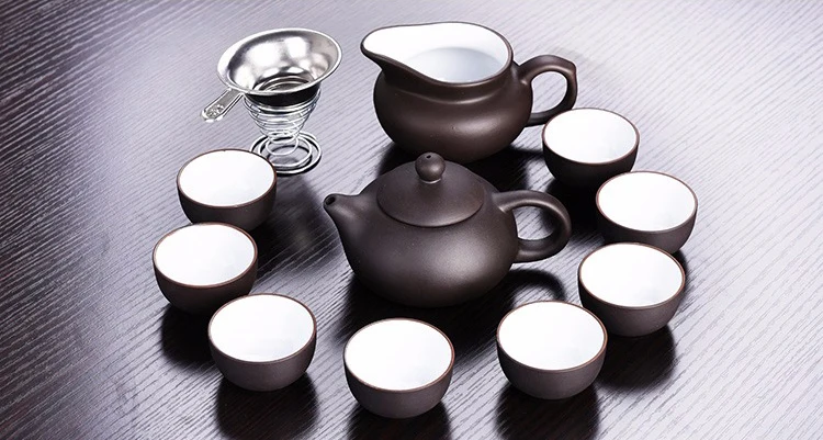 11 шт. чайный набор кунг-фу снаружи черный внутри белый Zisha, Исин чайник ручная работа, из фиолетовой глины чайный горшочек, чашка набор, Керамический Китайский подарок