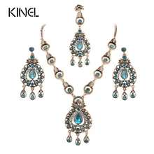 Индийские Винтажные Ювелирные наборы, подвески, ожерелье, серьги для женщин, Золотая мозаика, синие кристаллы, вечерние, подарки