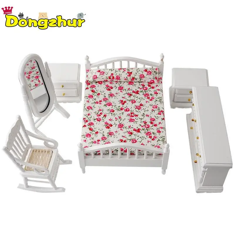 

New Wooden Floral Print Miniature Bed Dressing Mirror Table Chair Nightstand For 1/12 Scale Dollhouse Accessories Toys WWP9161