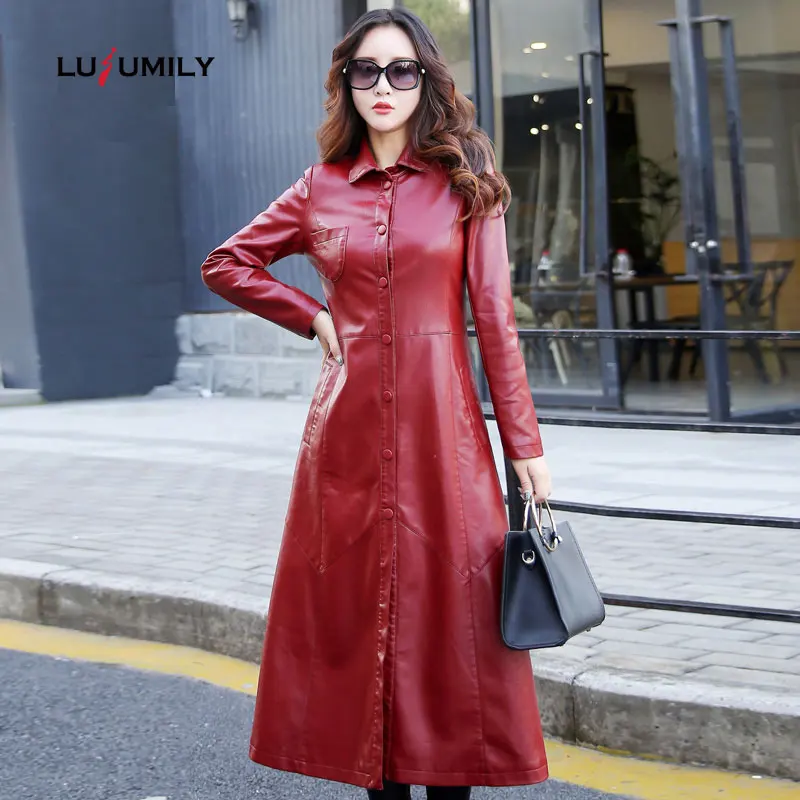 

Lusumily New Fashion Faux Sheepskin X-long Coat Women Leather Jacket Solid Plus Size 4xl 5xl Outerwear Women Trench Coat Female