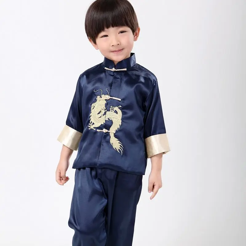 Fashion Chinese traditional embroider dragon sets for boys Chinese style boys kung fu suit sets