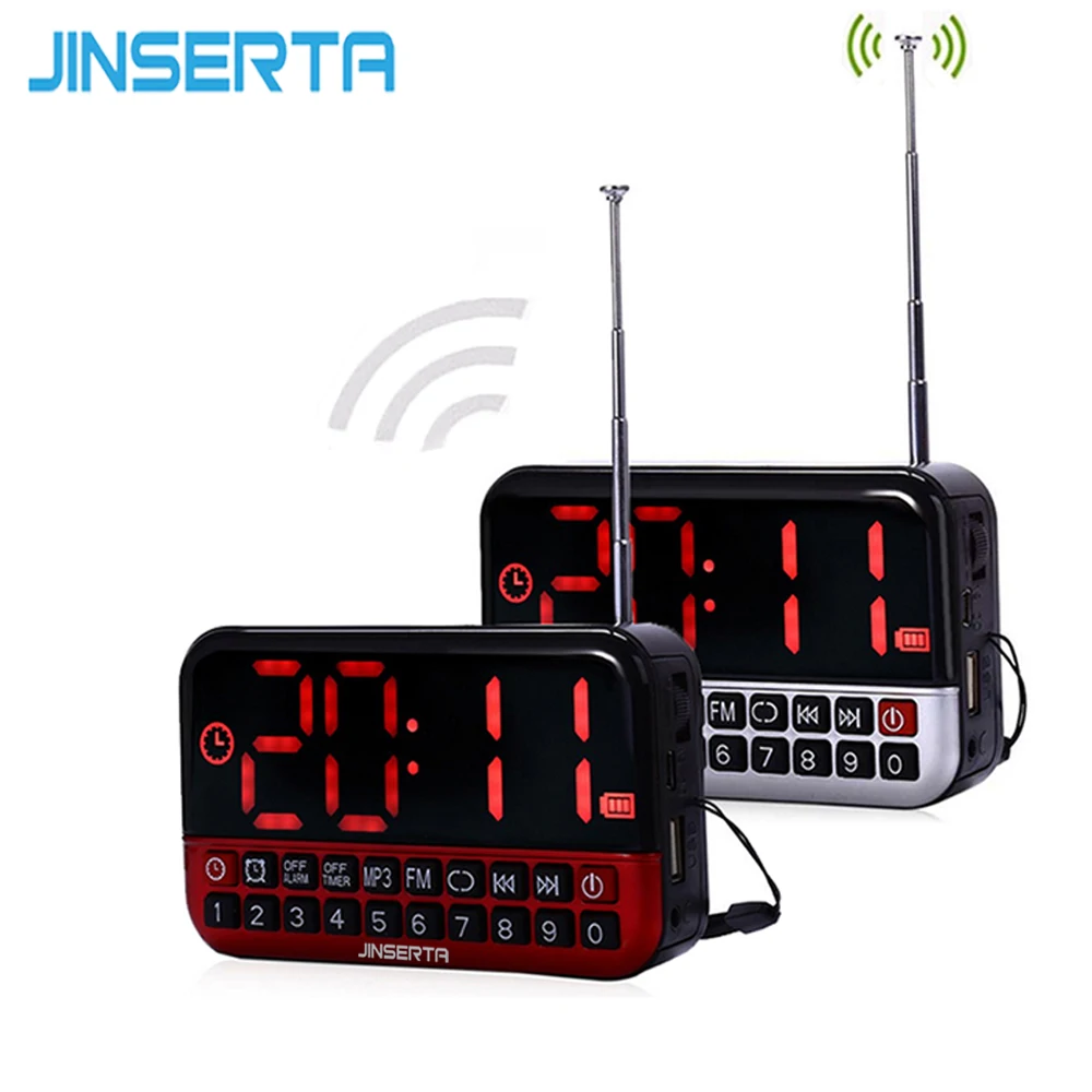 

JINSERTA Mini Speakers Portable L80 Radio FM USB/TF Card MP3 Player LED Digital Alarm Clock 18650 Battery