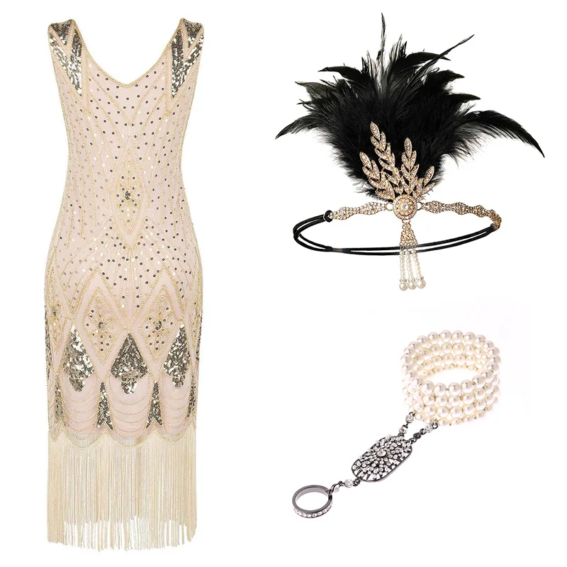 1920s Flapper платье Great Gatsby вечерние платья с блестками и бахромой - Цвет: B SET