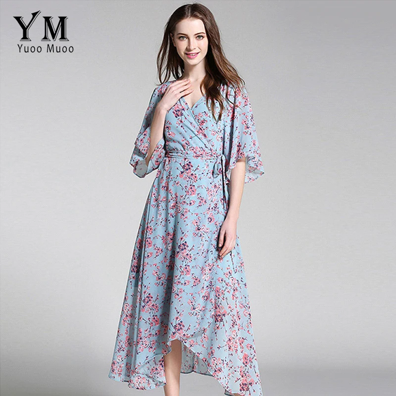 YuooMuoo New European Fashion V neck Long Bohemian Dress Romantic