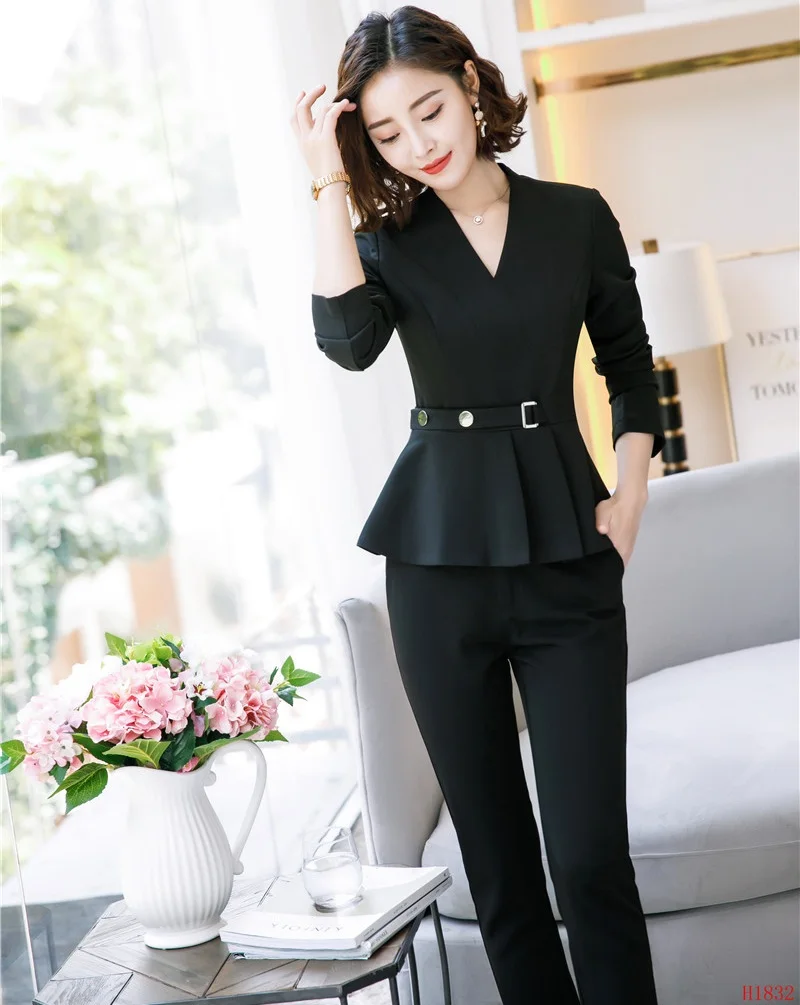 Модные женские черные блейзер для женщин бизнес костюм формальные офисные костюмы Повседневная обувь брюки и куртка комплект пр