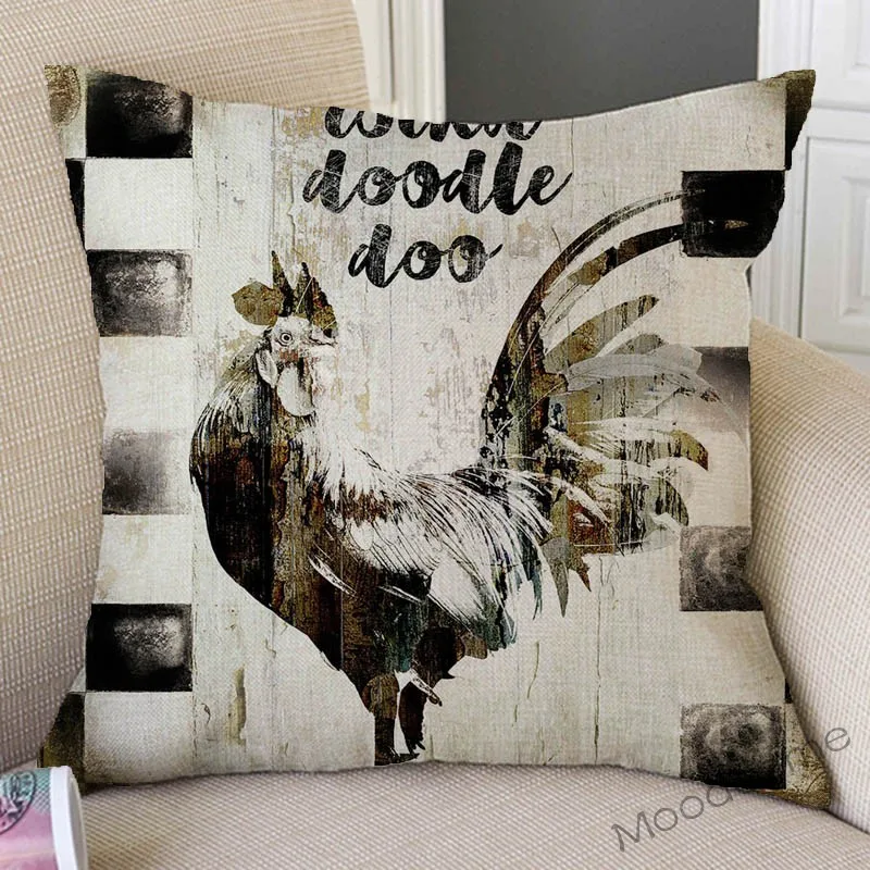 Vintage Farm Animals Rooster Cow Pig Sheep Home Decorative Sofa Throw Pillow Cover Sweet Farm Retro Cotton Linen Cushion Cover