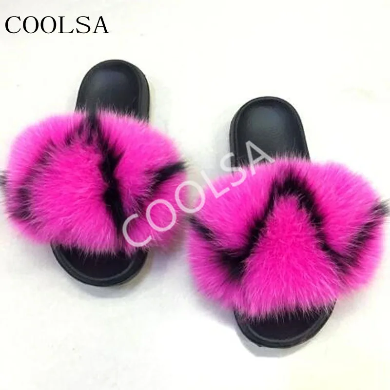 

COOLSA Women's Real Fox Fur Slipper Women Slides Fashion Spring Autumn Fluffy Fur Shoes Ladies Sandals Indoor Home Flip Flops
