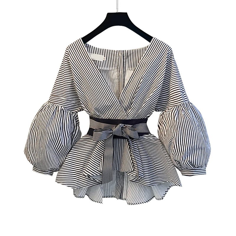 Tanie OLGITUM 2019 kobiety 2 sztuka zestaw Sexy V Neck latarnia rękaw bluzka w paski koszula z muszką Top podział ołówek spodnie rozkloszowane garnitur WS131