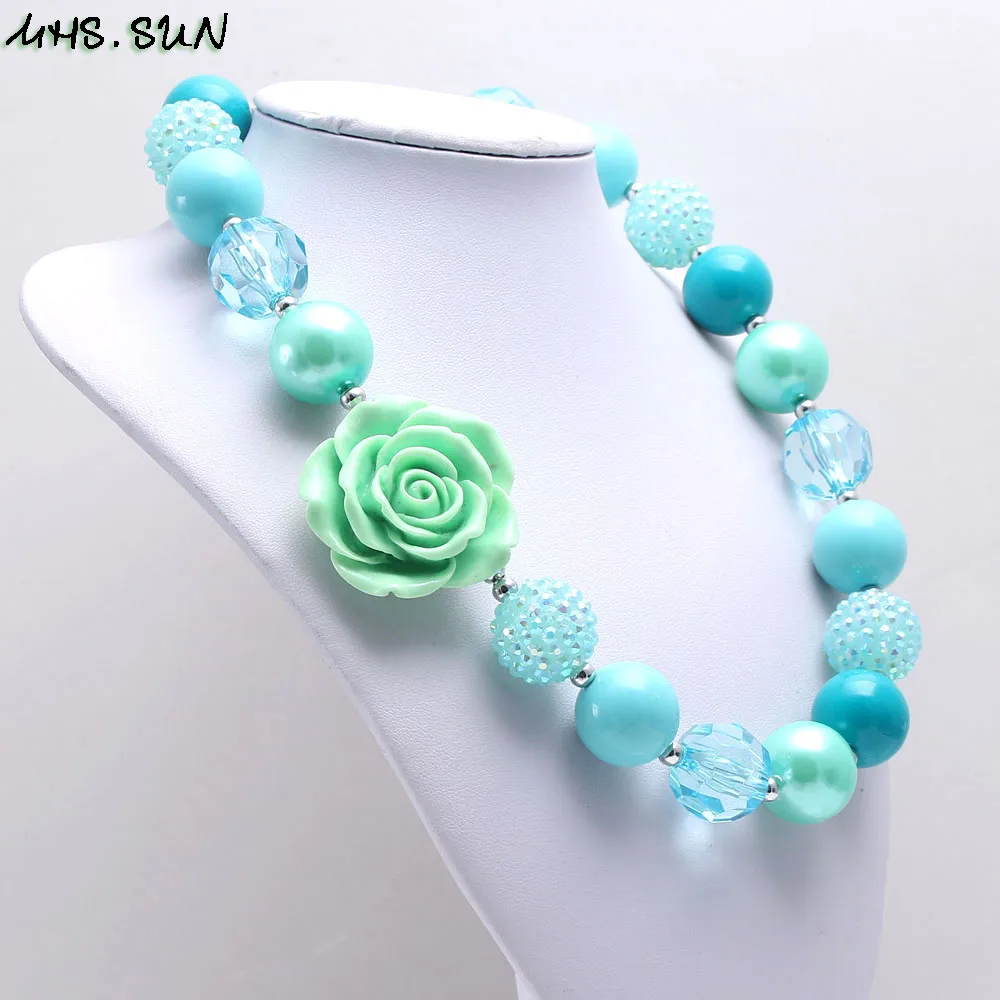 BN629 (10) Kids Girls Rose Flower Light Blue Chunky Beads Necklace Fashion Child Baby Beads Necklace Chunky Bubblegum Jewelry 1Pcs