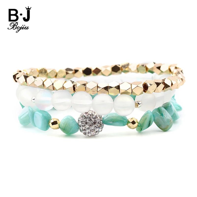 BOJIU 3 Pcs/Set Multilayer Women Bracelets Natural Irregular Stretch Shell Gold-color Copper Labradorite Bracelet Lady BCSET242 | Украшения