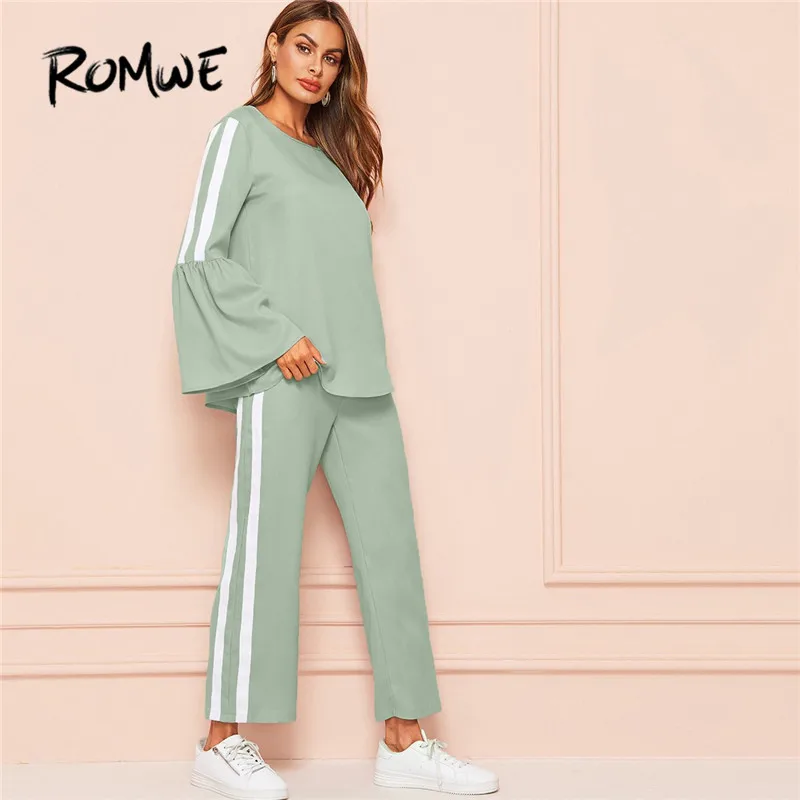 

ROMWE Leisure Flounce Sleeve Blouse and Stripe Side Wide Leg Pants Women 2 Piece Set Casual Long Sleeve Blouse Two Piece Set