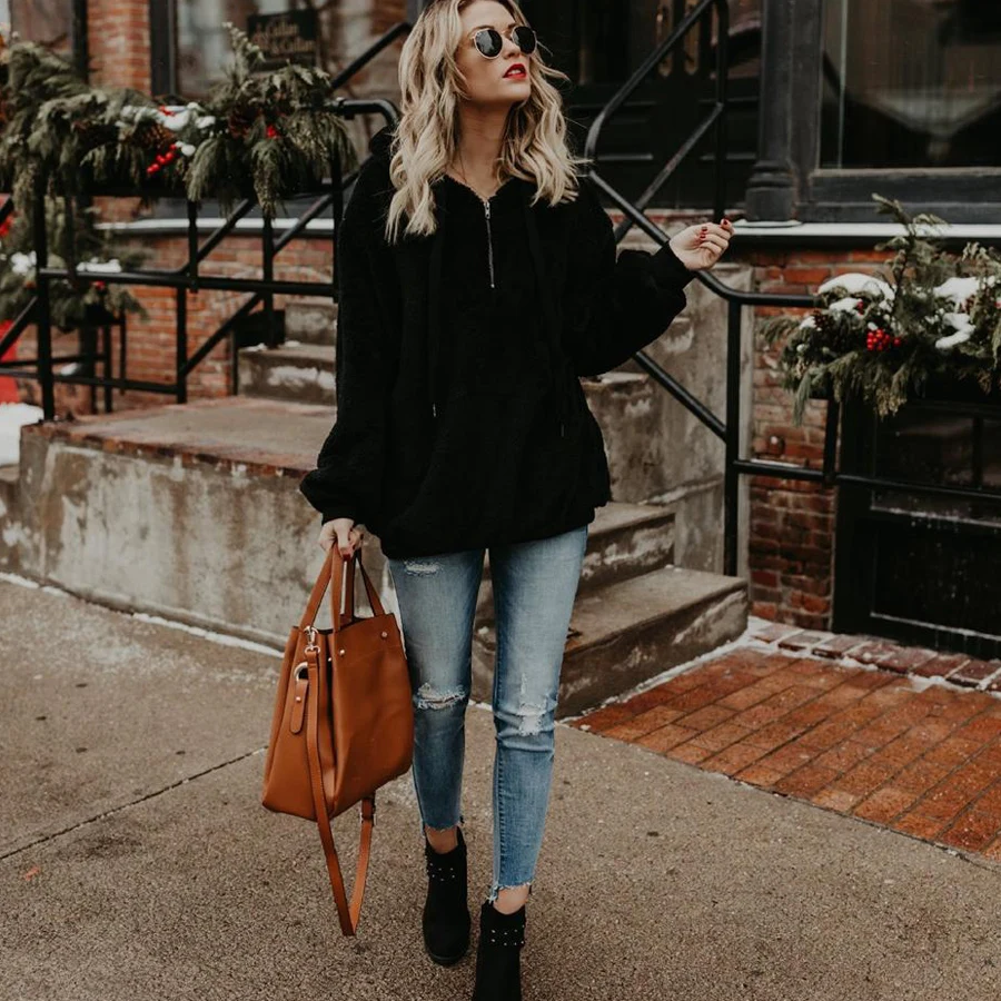 Winter Warm Casual Double Fuzzy 1/4 Zip Sweatshirt Faux Fleece Pocket Long Sleeve Oversize Sherpa Pullover Hoodies Coat Outwear