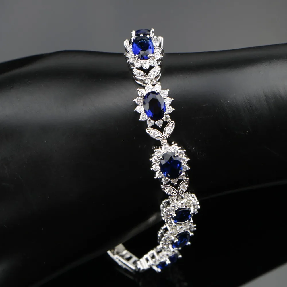 Серебряный 925 Свадебный костюм женский ювелирный набор серьги/кулон/ожерелье/кольца набор с голубыми камнями Белый Циркон подарочная коробка