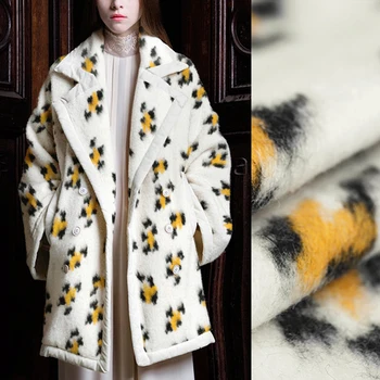

135CM Wide 520G/M Weight Yellow Leopard White Wool Viscose Autumn and Winter Overcoat Outwear Jacket Dress Fabric E865