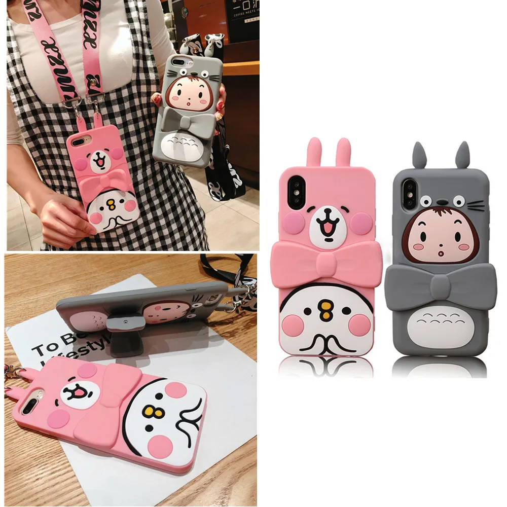 

case for iphone XR XS MAX 6 6S 7 8 plus case cover cute 3d cartoon Totoro rabbit holder shoulder strap soft silicone phone bag