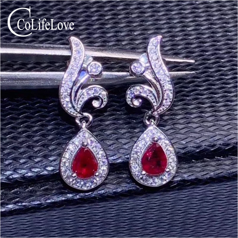 

CoLife Jewelry Natural Ruby Earrings for Party 4*6mm Pear Cut Ruby Drop Earrings 925 Sterling Silver Ruby Jewelry Gift for Wife