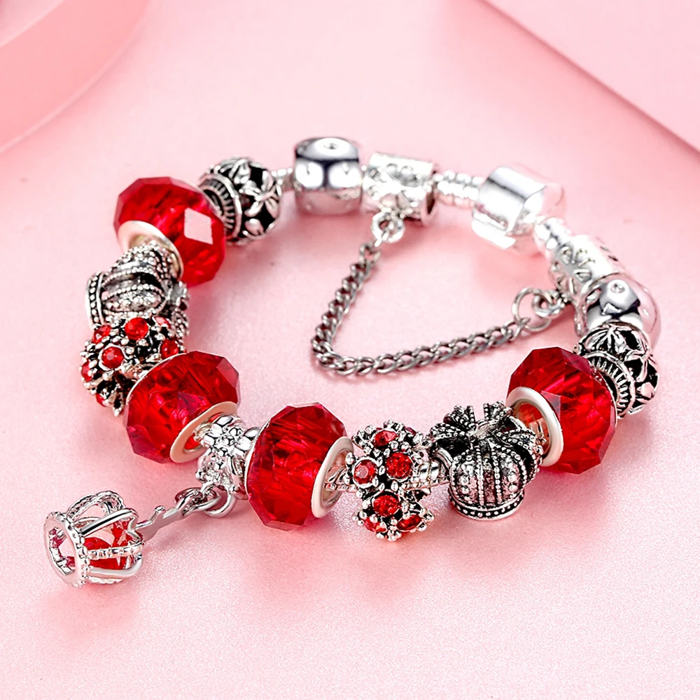 ELESHE Fashion DIY Crystal & Murano Glass Beads Crown Charm Bracelets For Women Snake Chain Bracelets & Bangles Pulseras Gift