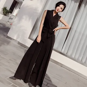 

2019 Spring Ladies Sleeveless Solid Jumpsuits V-neck High Waist Sashes Women Casual Wide Leg Jumpsuit