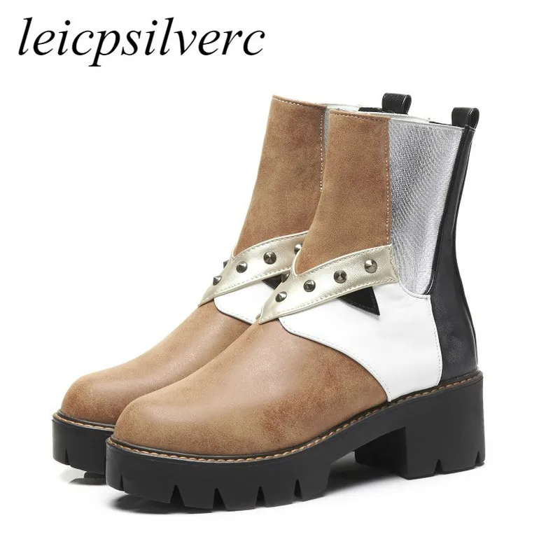 

Women Boots Autumn Winter High Heel Warm Pu Platform Rivet Slip on Mid-calf Chelsea Motorcycle Shoes 2018 New Fashion Blue Brown
