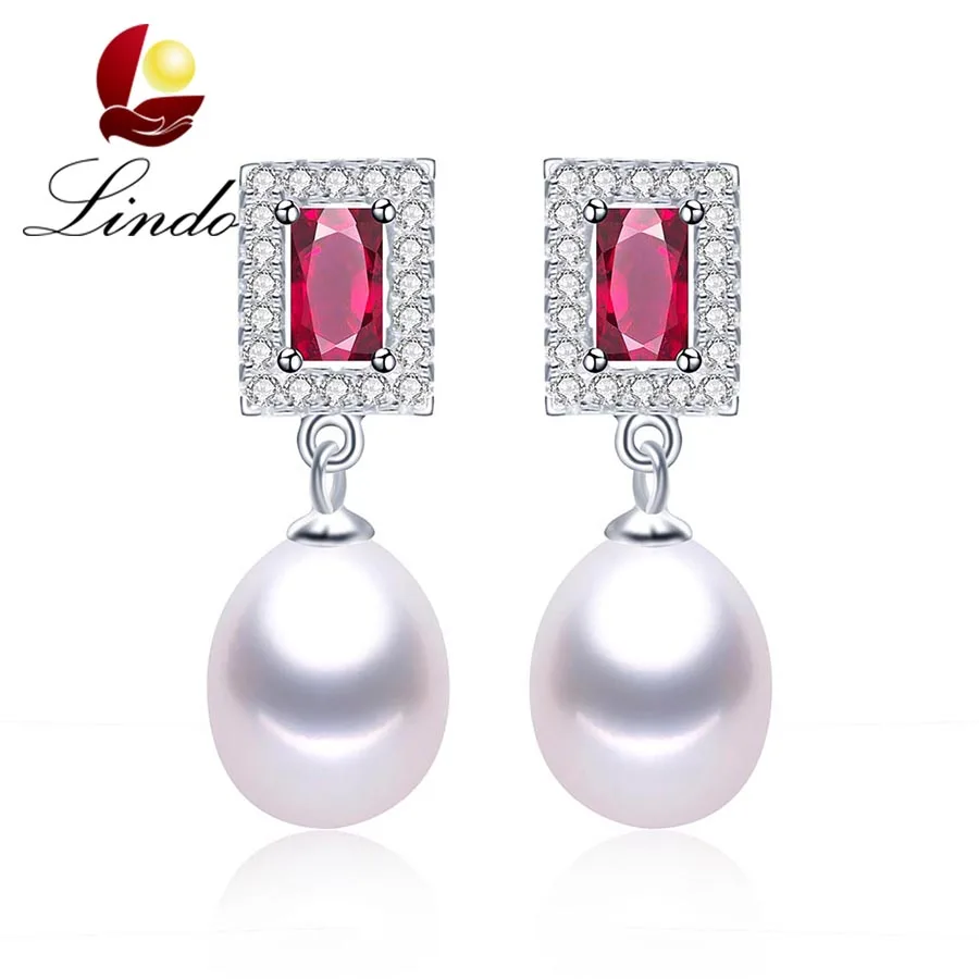 

Lindo Wedding Red Crystal Drop Earrings For Women Fashion Anti Allergy Silver 925 Jewelry 5A Natural Freshwater Pearl Earrings