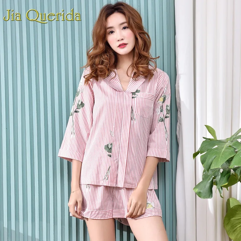 

Pijama Mujer 2019 Women Shorts Pink Stripe Pajamas Cardigan Home Wear Lingerie Women Cotton Sleepwear Summer Shorts Pj Set Short
