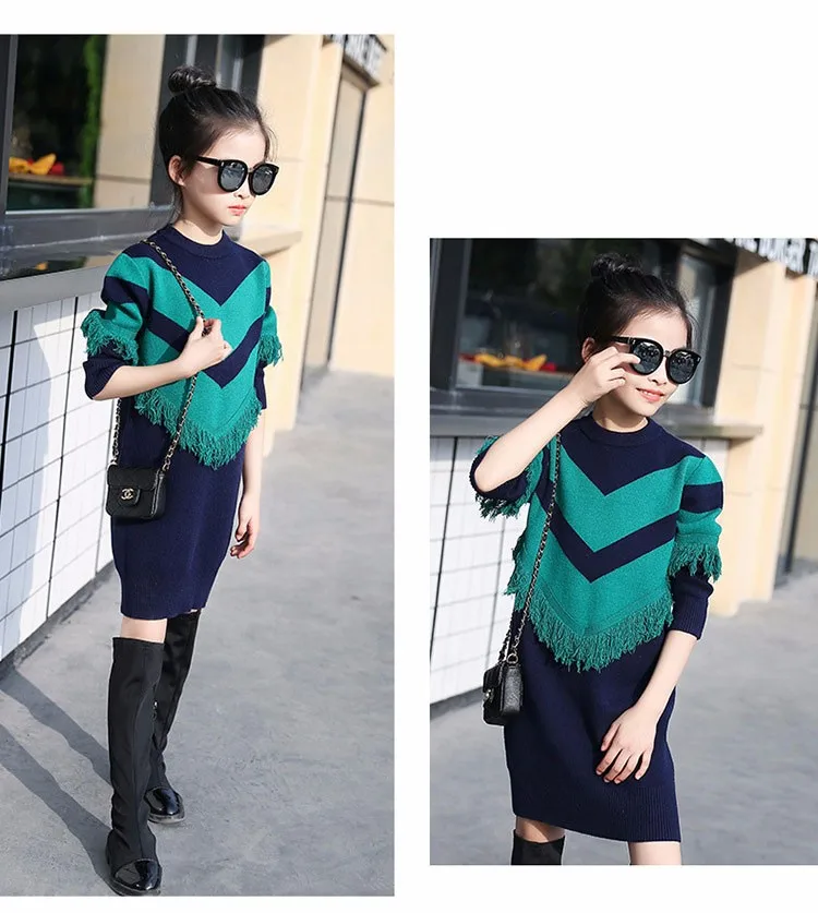 2017 new knitting tassels girls sweater spring autumn winter casual children school clothing preppy style knitted kids sweaters girls dresses 6 7 8 9 10 11 12 13 14 15 16 years old little teenage big girls long sweater dress (8)