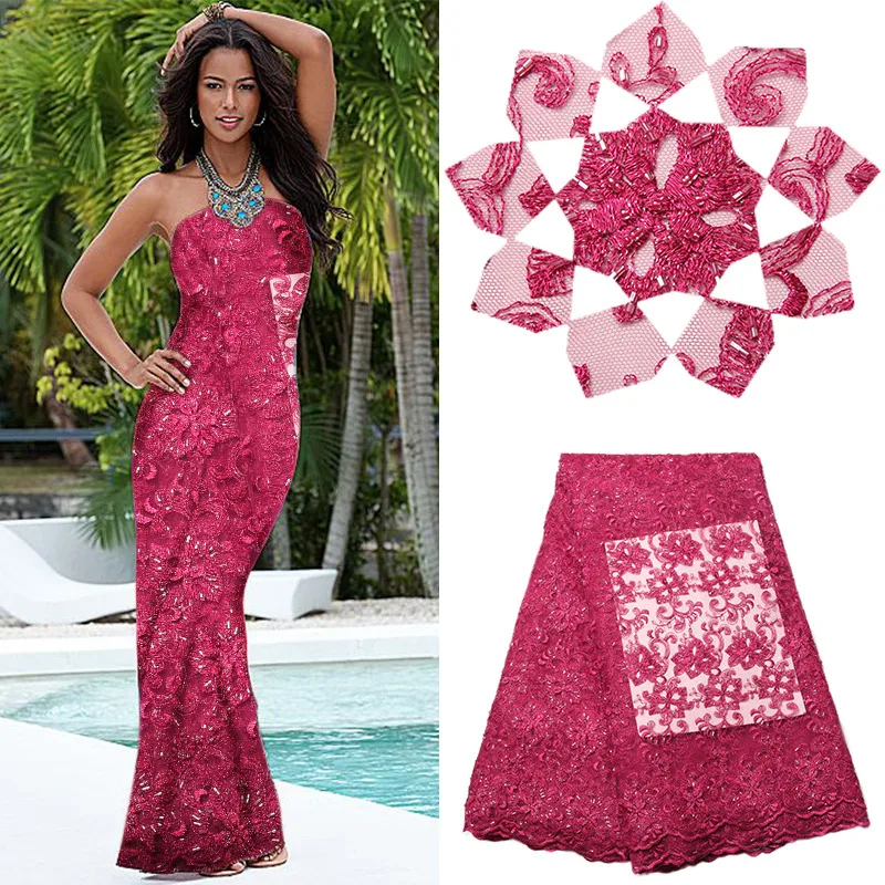 

2017 Latest African French Lace Fabric High Quality African Tulle Lace With Pearls and beads Fabric For Wedding NA1053B-1