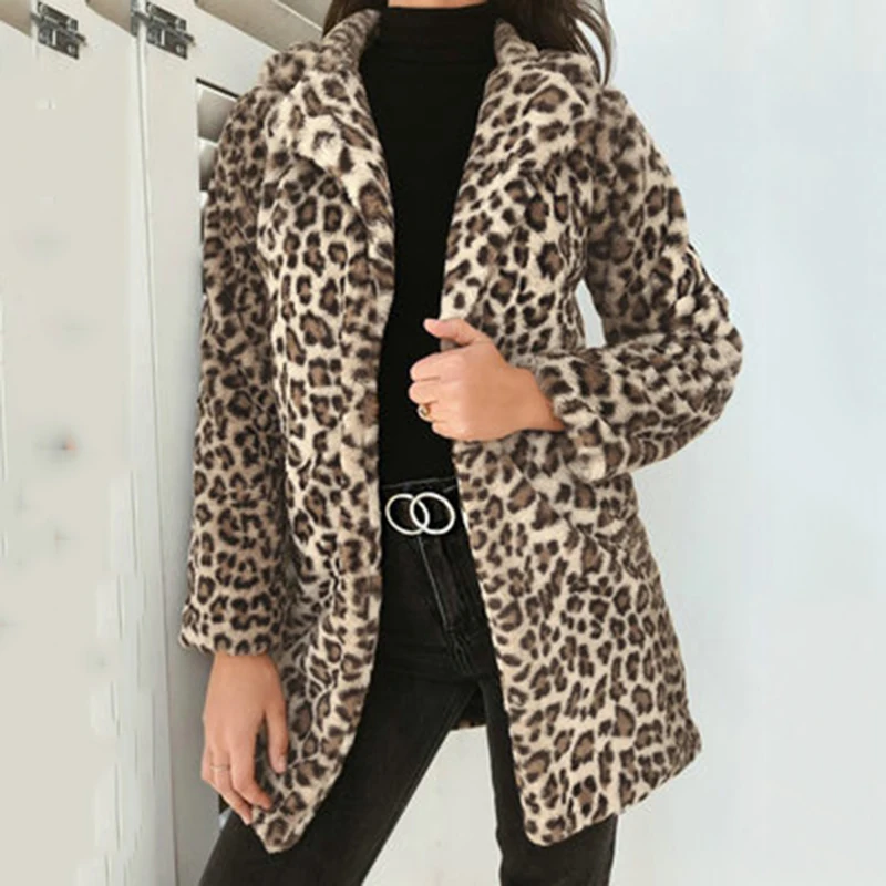 

2018 Winter Fleece Jackets Coats Faux Fur Warm Women Jacket Ladies Leopard Print Long Coat Long Sleeve Elegant Female Cardigan