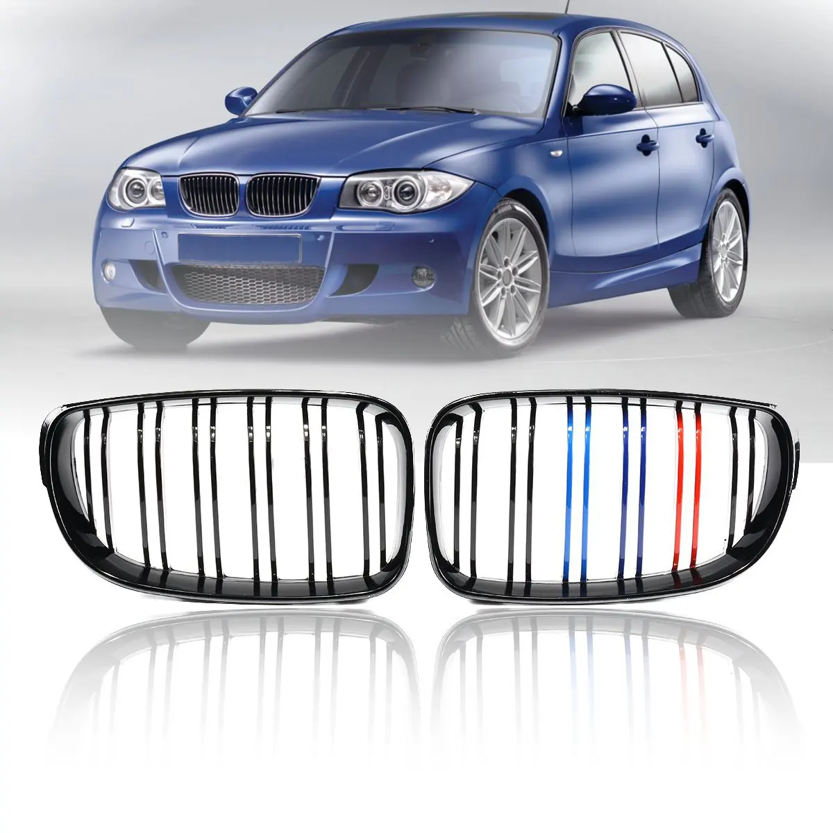 

Pair ABS New 2 Double Line Slat Gloss Black M-Color Front Kidney Grill Grille For BMW E87 1 Series 2008 2009 2010 2011 2012 2013