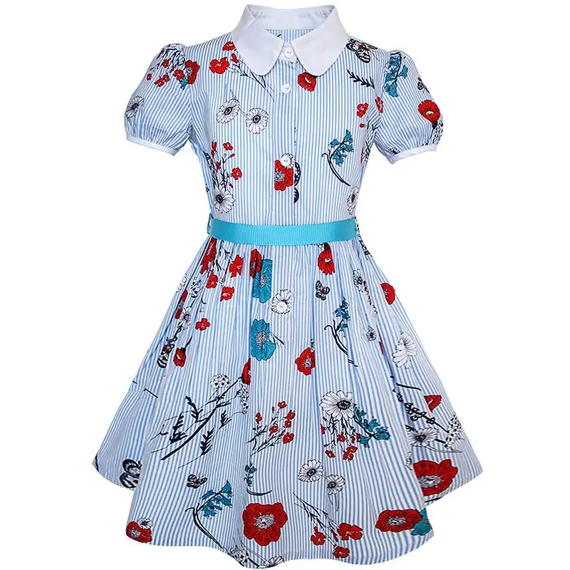 Sunny Fashion платья для девочек Цветок Девушка Платье Школьная форма Синий Полоса