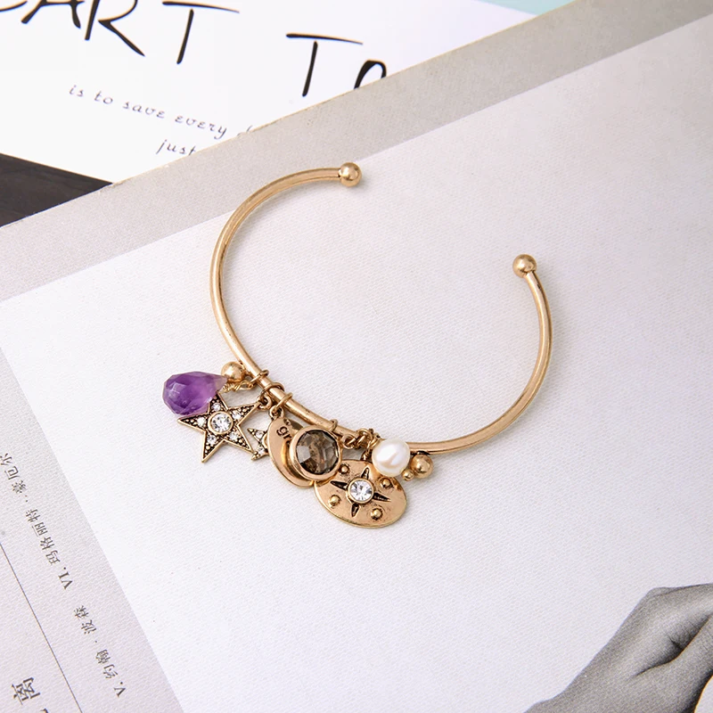 

BALANBIU Hiphop Street Style Crystal Star Natural Stone Cultured Pearl Charm Opening Bangle For Women Vintage Gold Color Jewelry