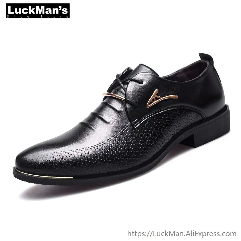

LuckMan Luxury Brand Classic Man Pointed Toe Dress Shoes Mens Pu Leather Black Wedding Shoes Male Oxford Formal Shoes Plus Size